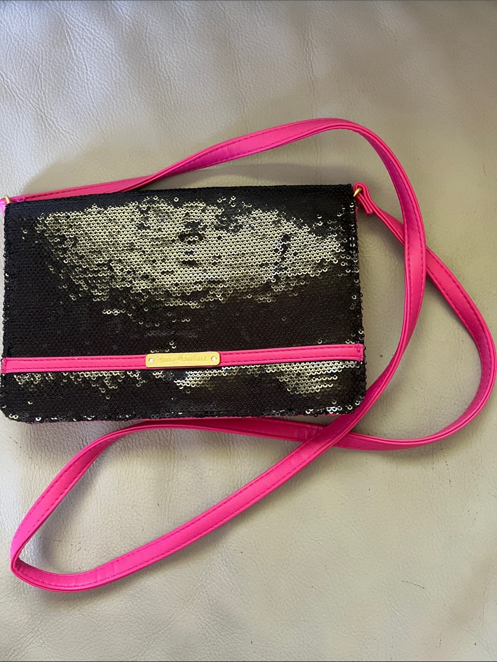 Juicy Couture Black Sequin Crossbody with Hot Pink Trim and Strap
